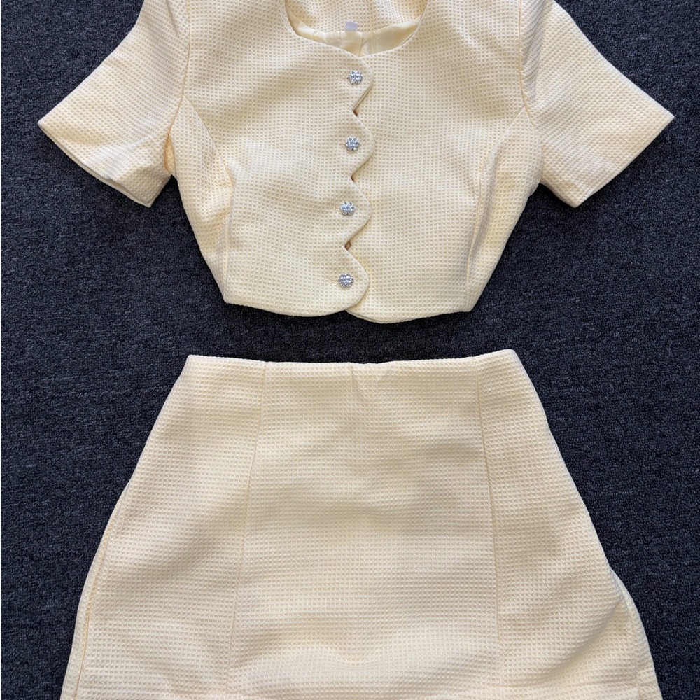 SHEIN Pale Buttercup  Yellow Textured Two-Piece Crop Button Coat & Skort Set
